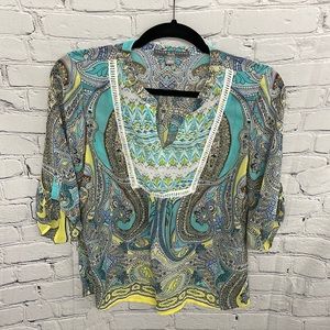 Valerie Stevens Large Petite Sheer Multicolored Paisley Top